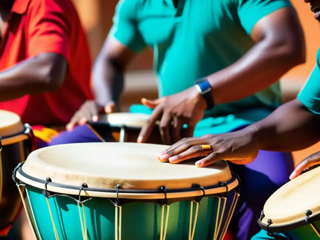 Grupo de músicos diversos tocando percusiones globales en una actuación vibrante y llena de energía