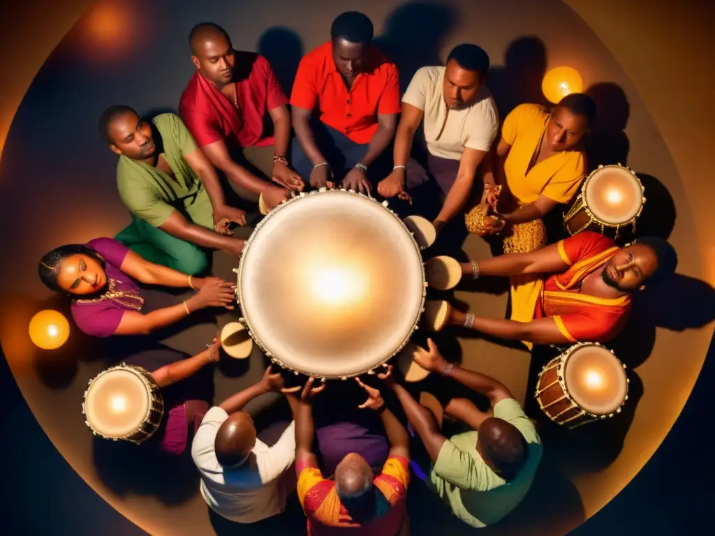 Un grupo de músicos diversos toca percusiones globales con pasión, vistiendo atuendos culturales vibrantes en un ambiente íntimo iluminado por velas