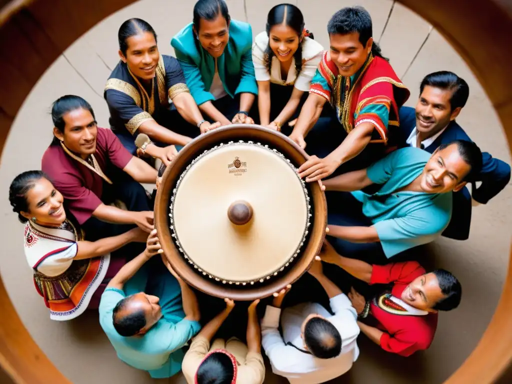 Un grupo de músicos peruanos en una actuación apasionada con el cajón peruano como centro, mostrando la historia y sonido del cajón peruano