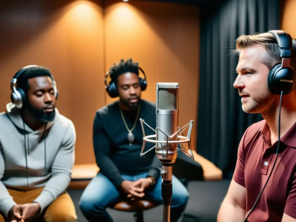 Grupo de músicos grabando un podcast en estudio, discutiendo el impacto del podcasting en la promoción musical