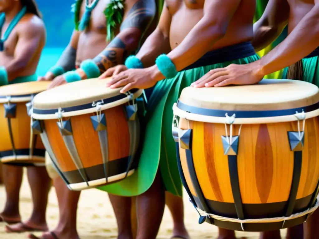 Grupo de músicos polinesios tocando los tambores toere en una ceremonia tradicional en Tahití, destacando su historia, construcción y relevancia cultural