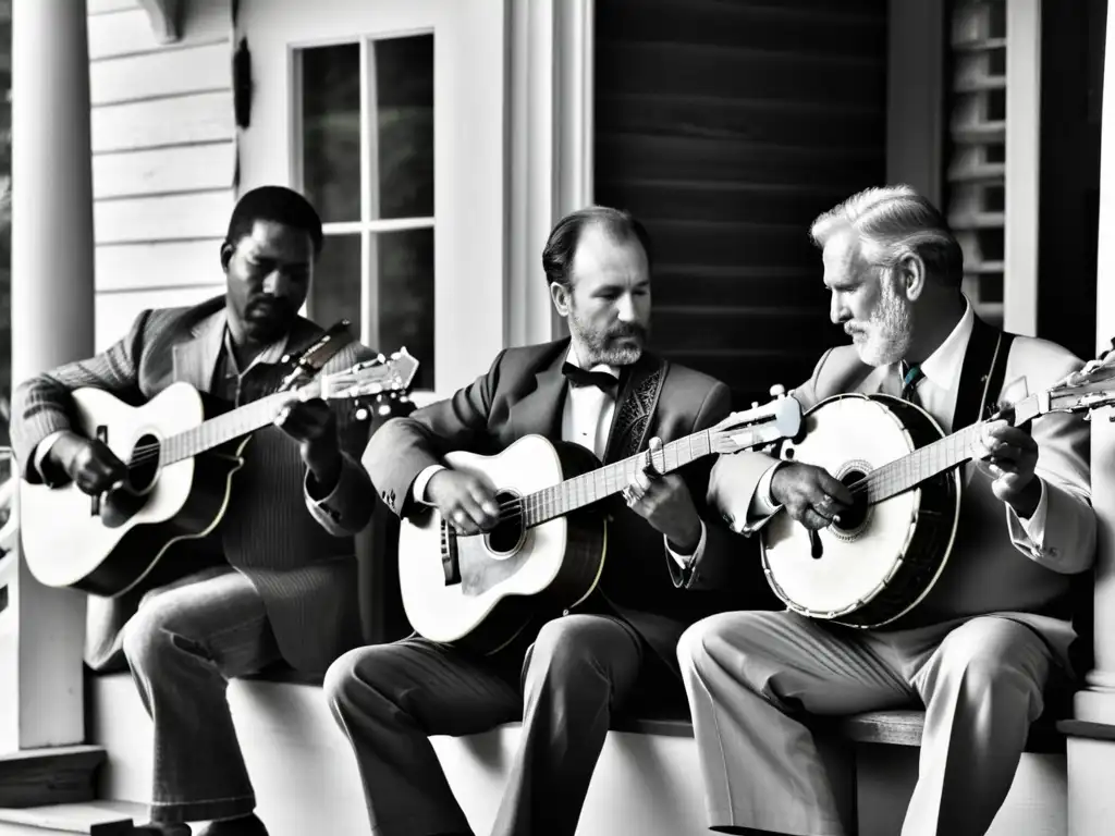 Un grupo de músicos interpreta bluegrass en un porche