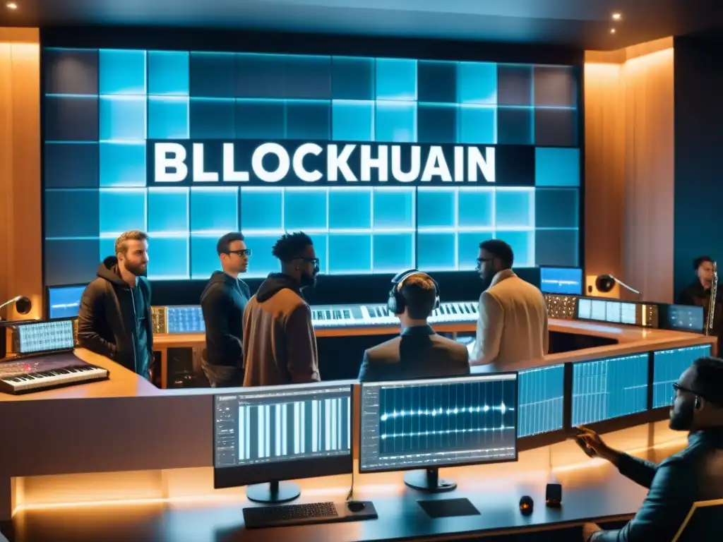 Grupo de músicos y productores debaten la influencia del blockchain en música, rodeados de instrumentos en estudio de grabación