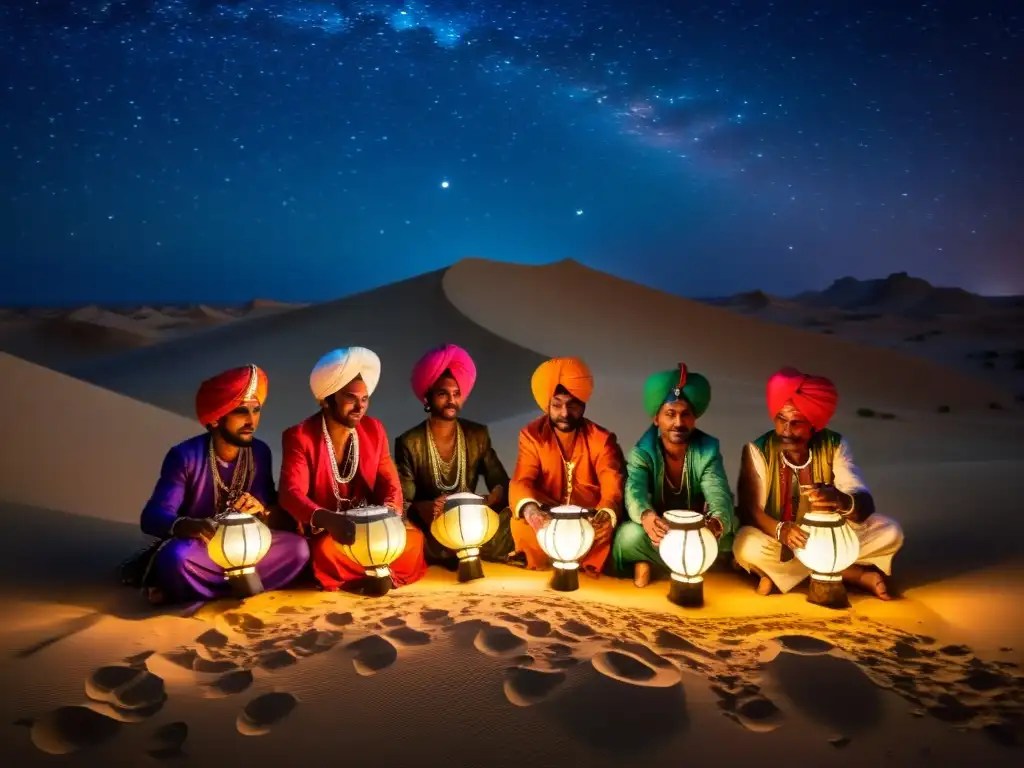 Grupo de músicos rajasthaníes tocando en el desierto bajo las estrellas en el Festival de música Rajastán desierto