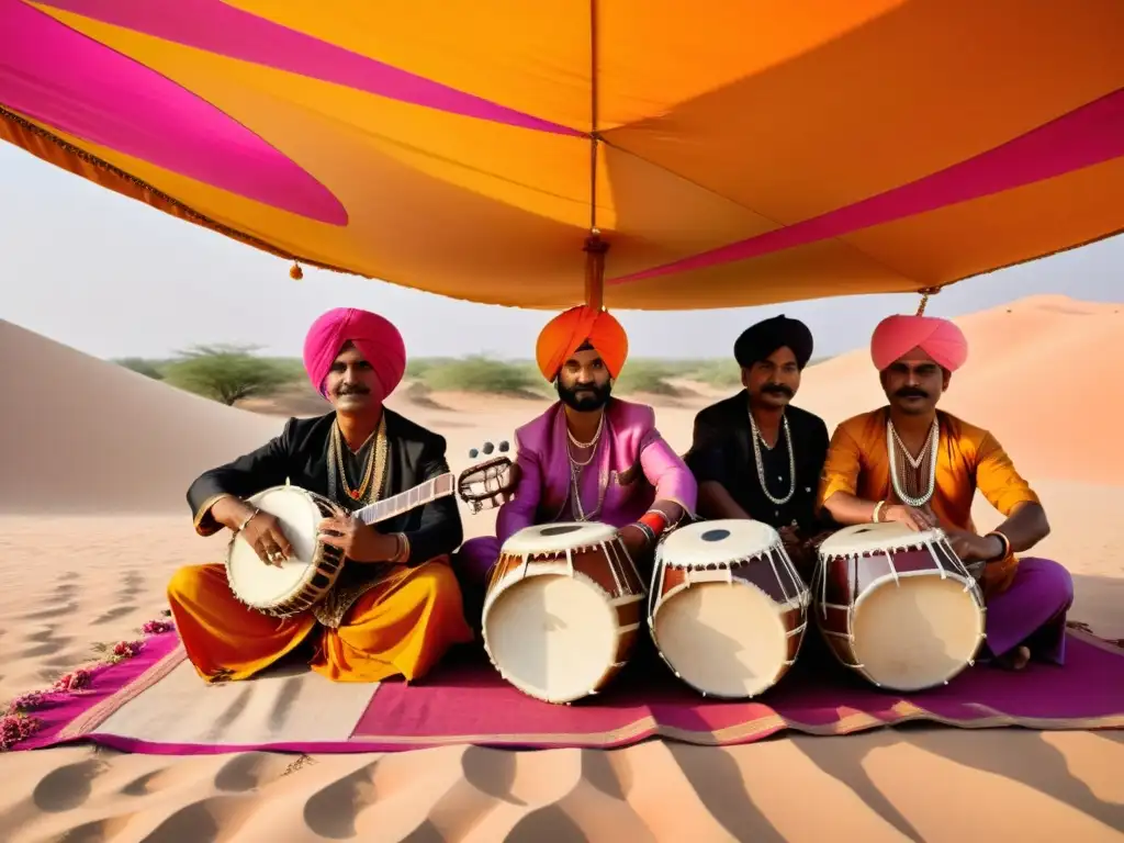 Grupo de músicos rajasthaníes tocando instrumentos tradicionales bajo un toldo colorido en el desierto de Rajastán