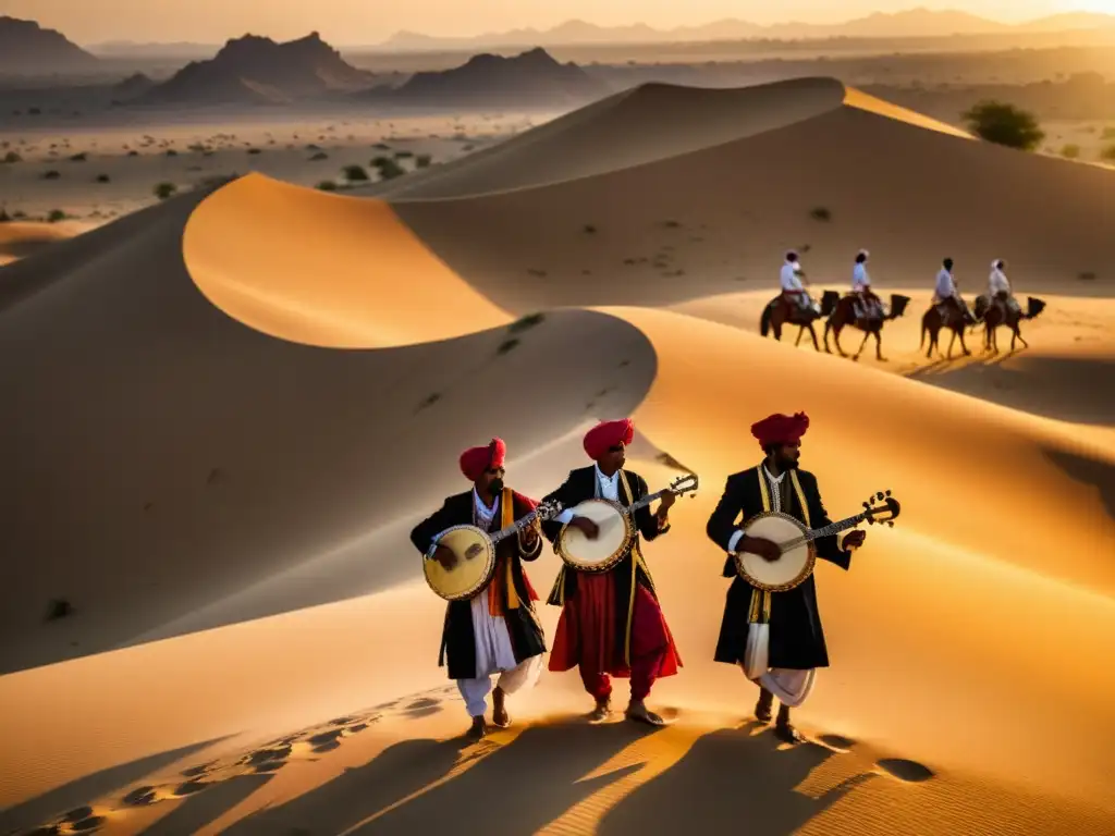 Grupo de músicos rajasthaníes tocando instrumentos tradicionales en el desierto al atardecer, creando una silueta hipnótica