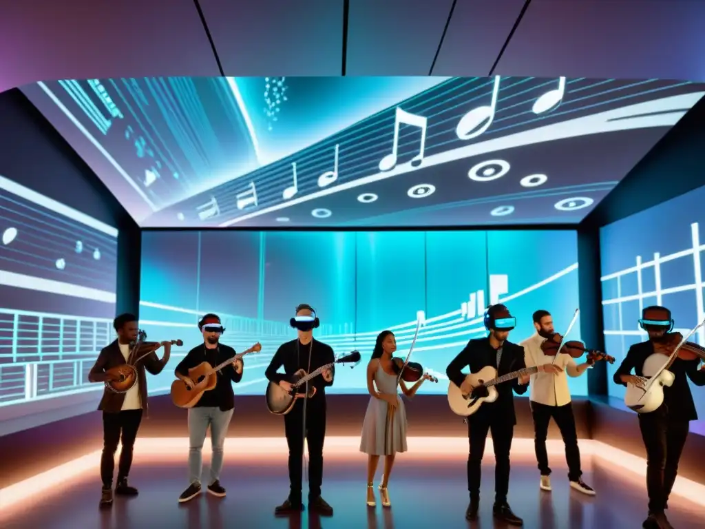 Concierto inmersivo de músicos con AR en espacio futurista Grupo de músicos diversos practicando con realidad aumentada en un espacio futurista, lleno de notas musicales holográficas y tecnología interactiva, demostrando las posibilidades ilimitadas de la práctica musical con realidad aumentada