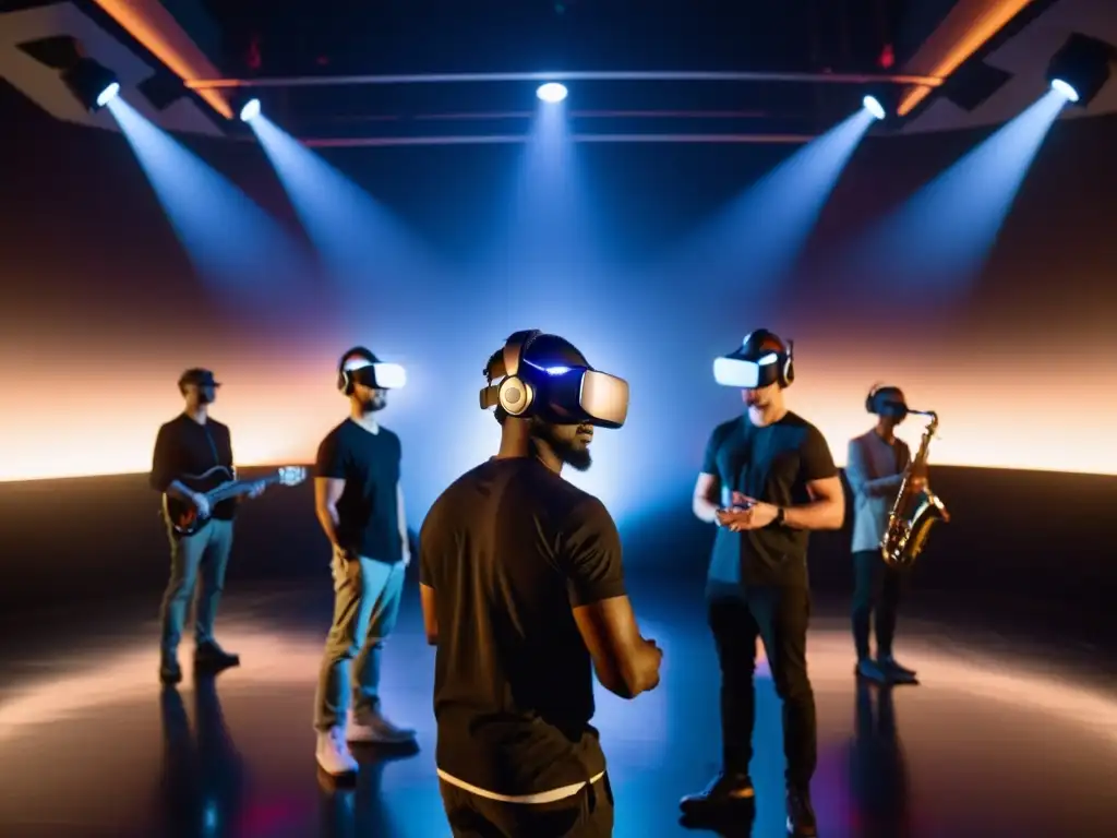 Grupo de músicos grabando música en realidad virtual en estudio de alta tecnología, inmersos en su arte y concentración