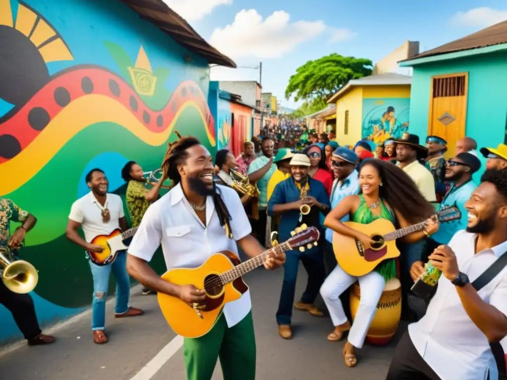 Grupo de músicos tocando reggae en una vibrante calle de Jamaica, capturando la esencia de la escena musical local