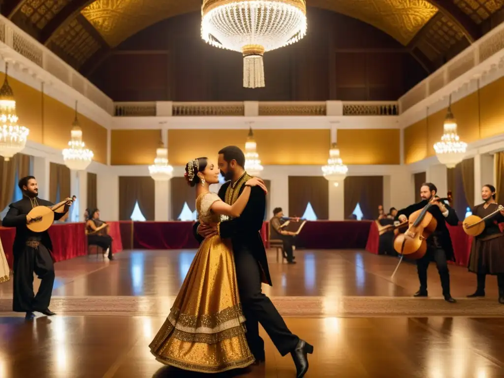 Grupo de músicos renacentistas tocando instrumentos en una elegante sala de baile con una pareja danzando la Baja Danza