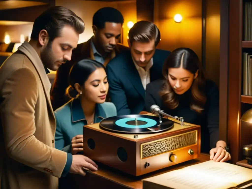 Grupo de músicos escuchando con reverencia grabaciones antiguas en vinilo, conectando con la influencia de grabaciones antiguas en música