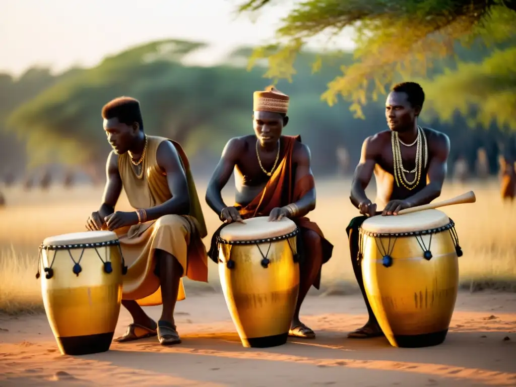 Un grupo de músicos Hausa toca ritmos del kalangu en África al atardecer, bajo la cálido luz dorada entre los árboles