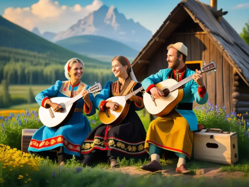 Grupo de músicos rusos tocando la balalaika en un campo soleado, rodeados de flores silvestres