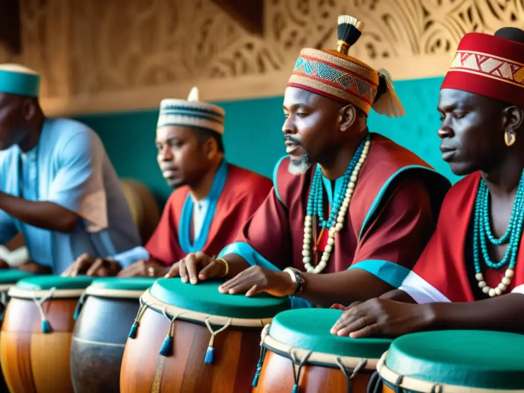 Un grupo de músicos Yoruba toca los sagrados tambores batá durante una ceremonia tradicional