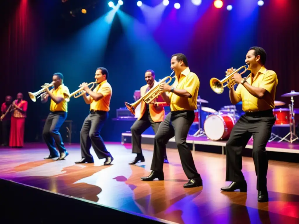 Un grupo de músicos de salsa tocando en el escenario, con un enfoque en las trompetas y los trombones