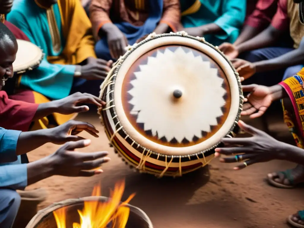 Grupo de músicos senegaleses tocando un bougarabou junto a una fogata en un poblado africano