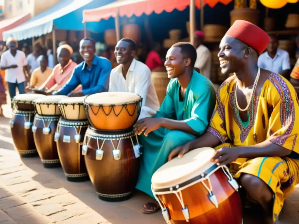 Un grupo de músicos senegaleses toca tambores bougarabou en un bullicioso mercado, con ropa tradicional y expresiones alegres