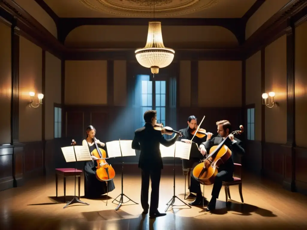 Grupo de músicos interpretando una serenata romántica en un salón de música del siglo XIX iluminado por velas