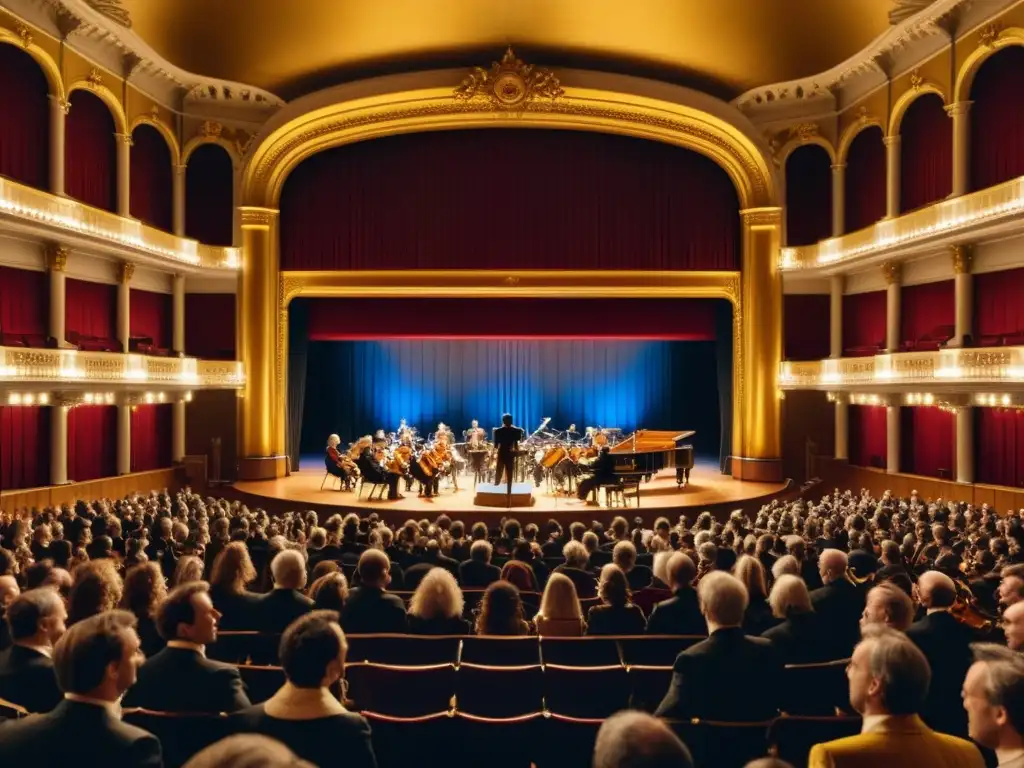 Un grupo de músicos del siglo XIX tocando fagotes en un majestuoso teatro, con expresiones apasionadas