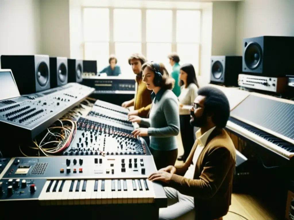 Grupo de músicos experimentando con sintetizadores en un estudio de música de los años 70