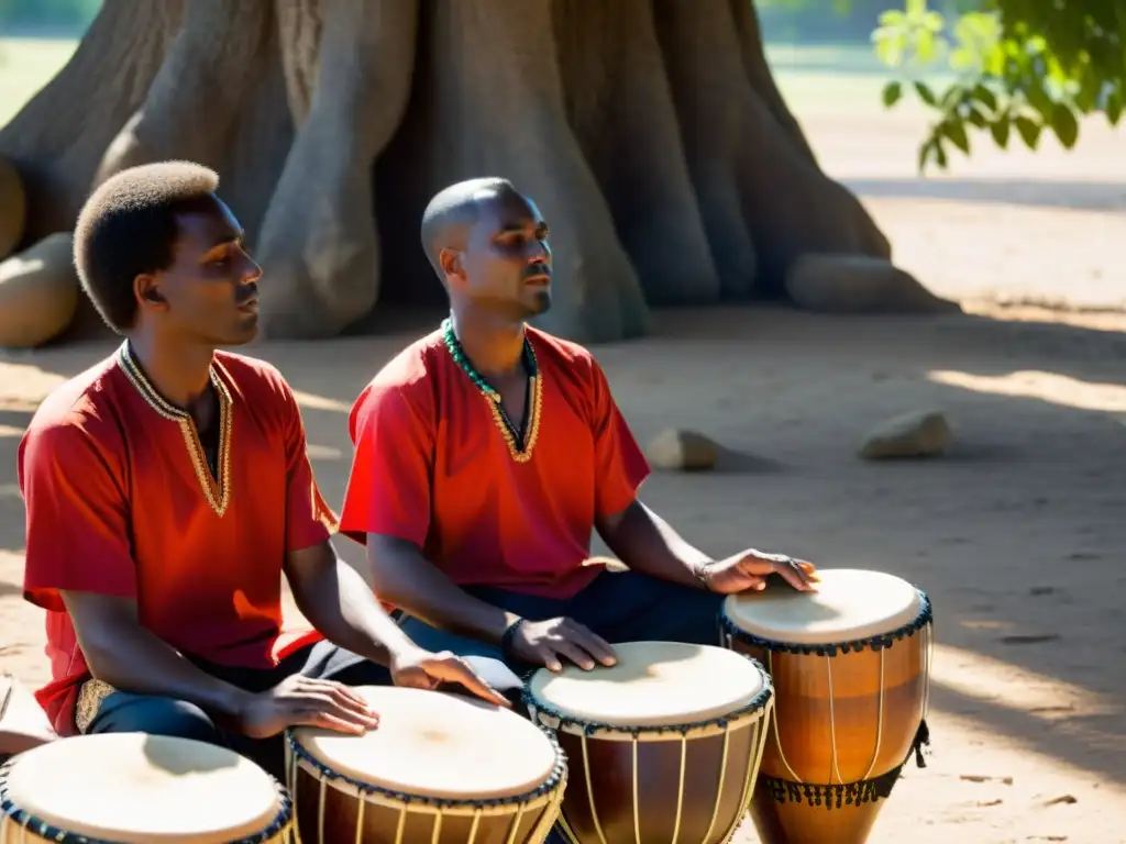 Un grupo de músicos toca el tambor bajo Dagbani bajo la sombra de un gran árbol, transmitiendo la rica historia de este instrumento