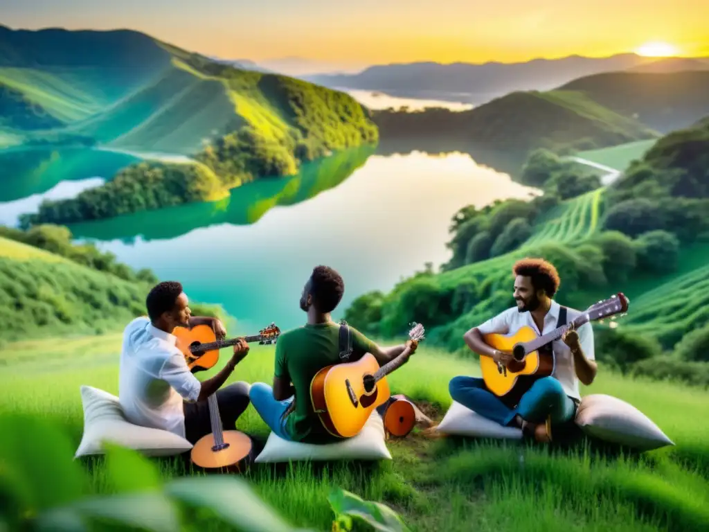 Un grupo de músicos promueven sostenibilidad mundial mientras tocan instrumentos acústicos en una colina verde con el sol poniéndose en el horizonte