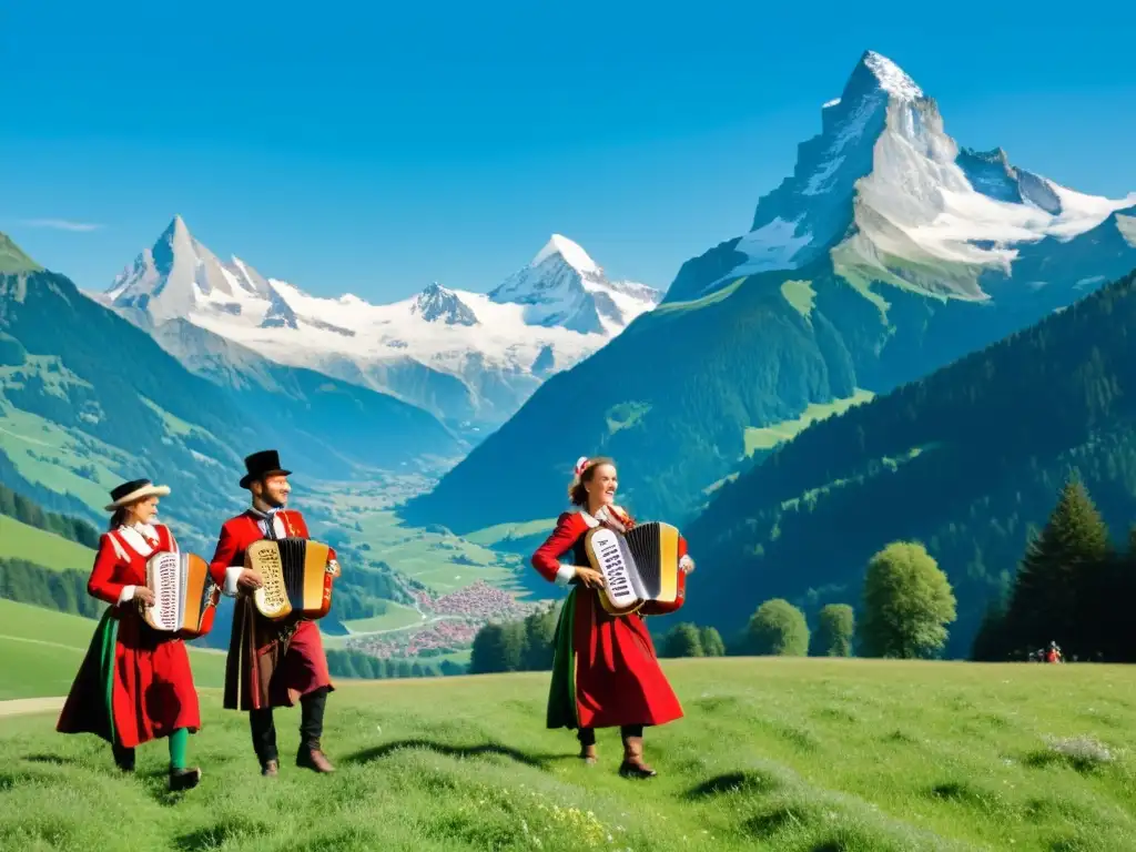 Un grupo de músicos suizos tradicionales tocando el Schwyzerörgeli en un prado alpino, con montañas nevadas y un cielo azul