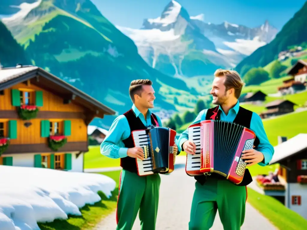 Un grupo de músicos suizos tradicionales tocan el Schwyzerörgeli en un pueblo alpino