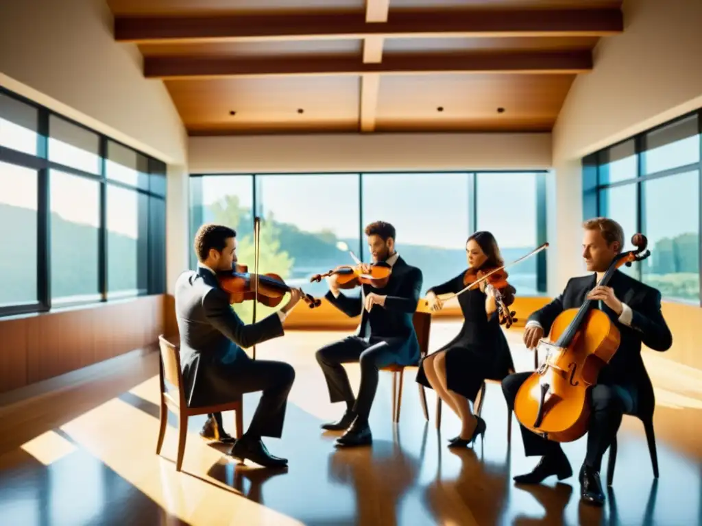 Un grupo de músicos talentosos tocan violines y guitarras en una sala espaciosa y decorada