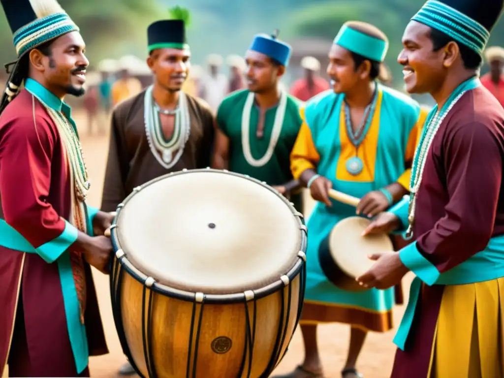 Grupo de músicos Dagbani tocando un tambor bajo Dagbani, inmersos en la energía rítmica y la historia cultural