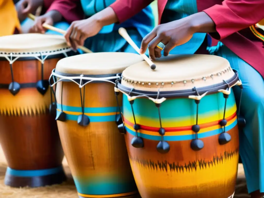 Grupo de músicos toca tambores africanos en festival cultural, mostrando la rica herencia de los instrumentos de percusión en la música global