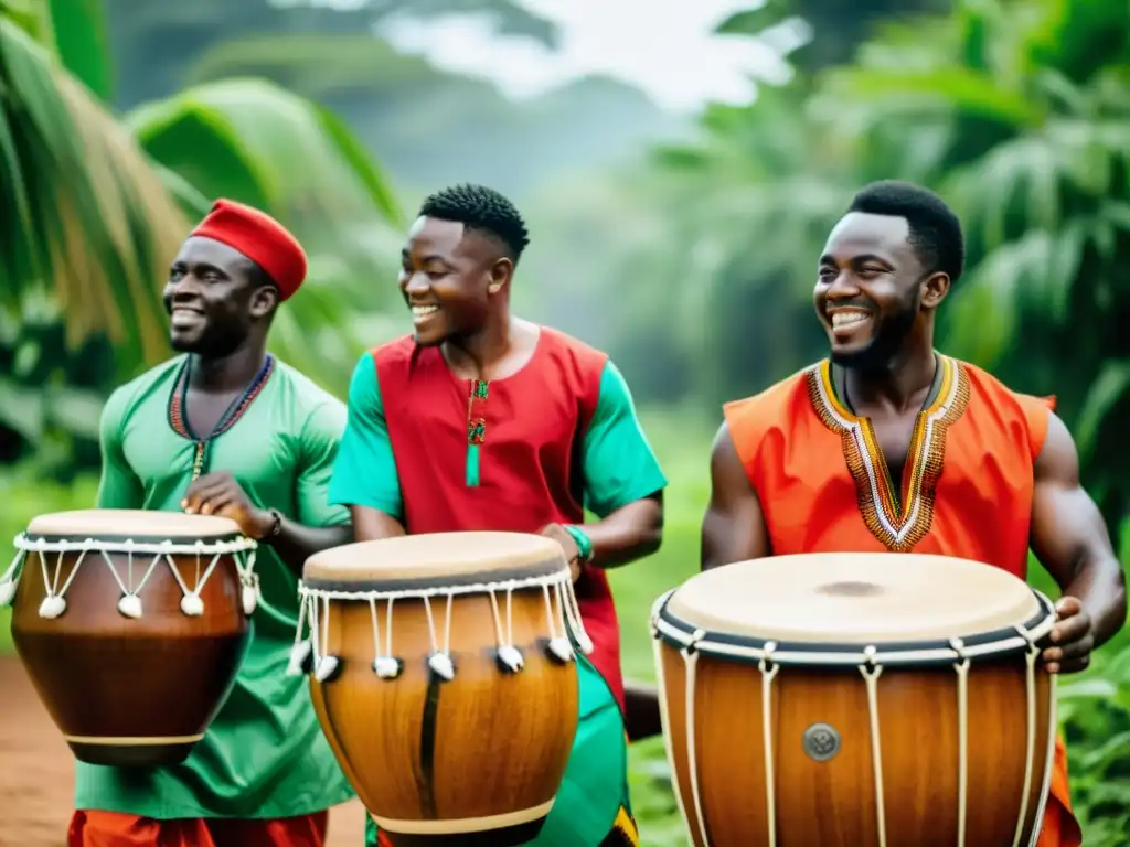 Un grupo de músicos de Ghana toca los tambores Kpanlogo en un entorno vibrante