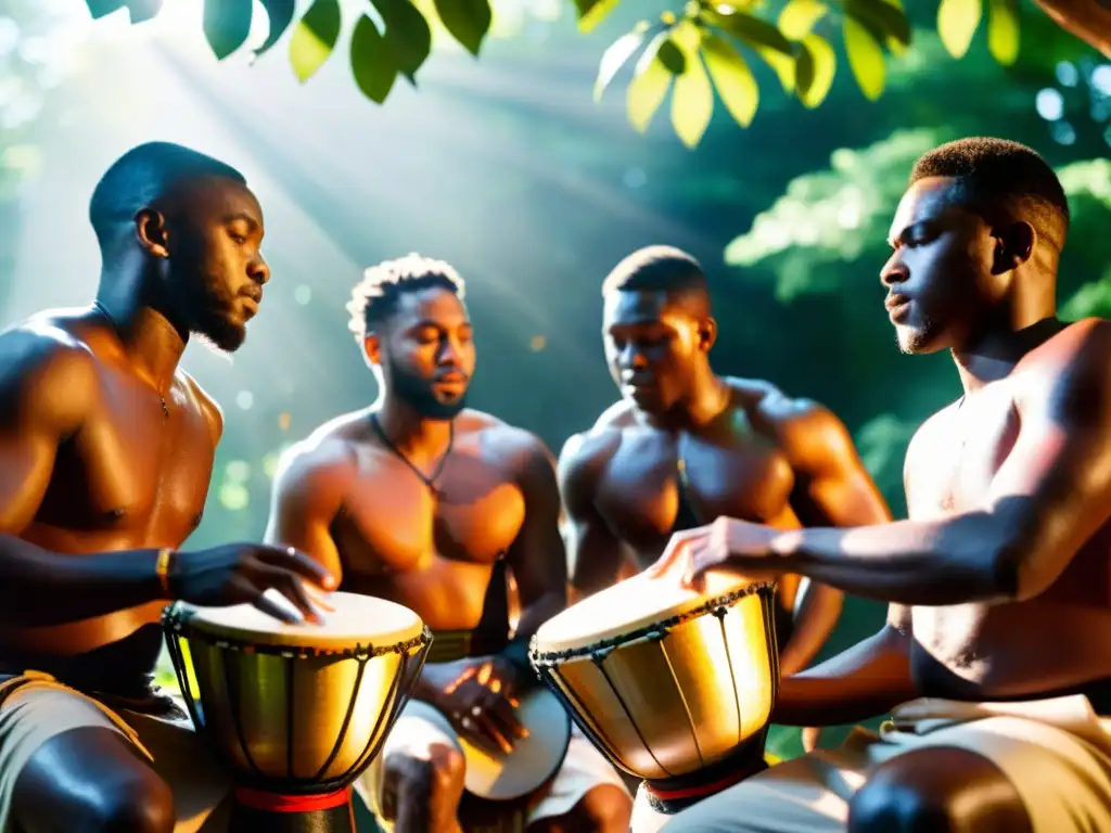 Un grupo de músicos toca tambores djembe bajo la luz del sol entre árboles