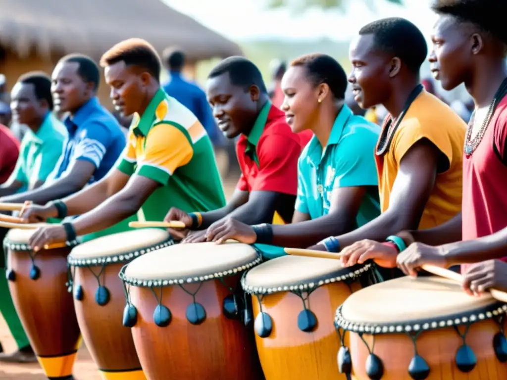 Un grupo de músicos tanzanos toca los tambores ngoma en un ambiente cultural vibrante y lleno de pasión