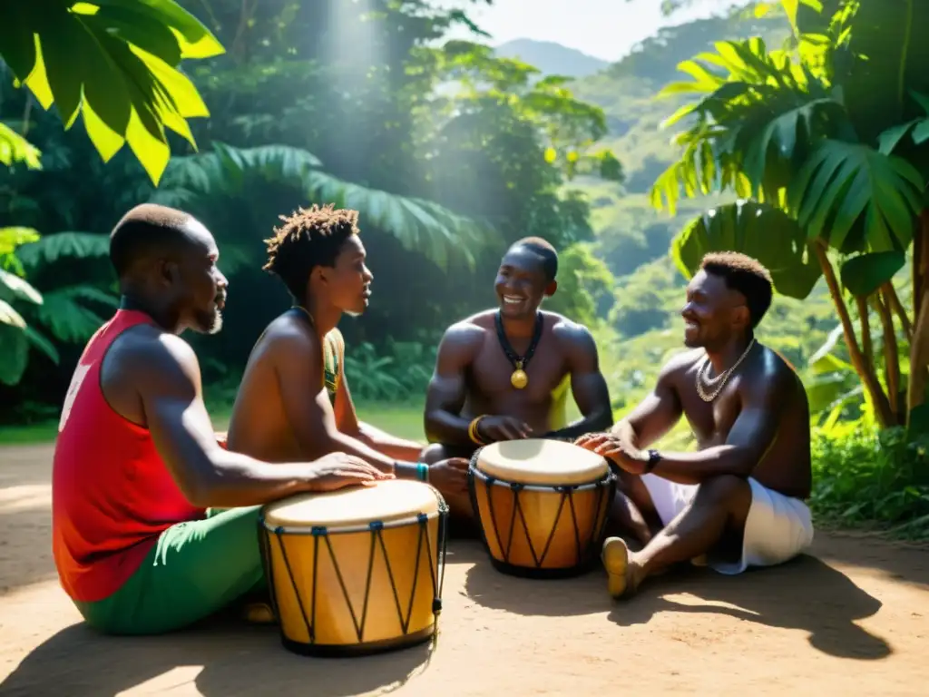 Grupo de músicos tocando tambores tradicionales Nyabinghi en la exuberante campiña jamaiquina