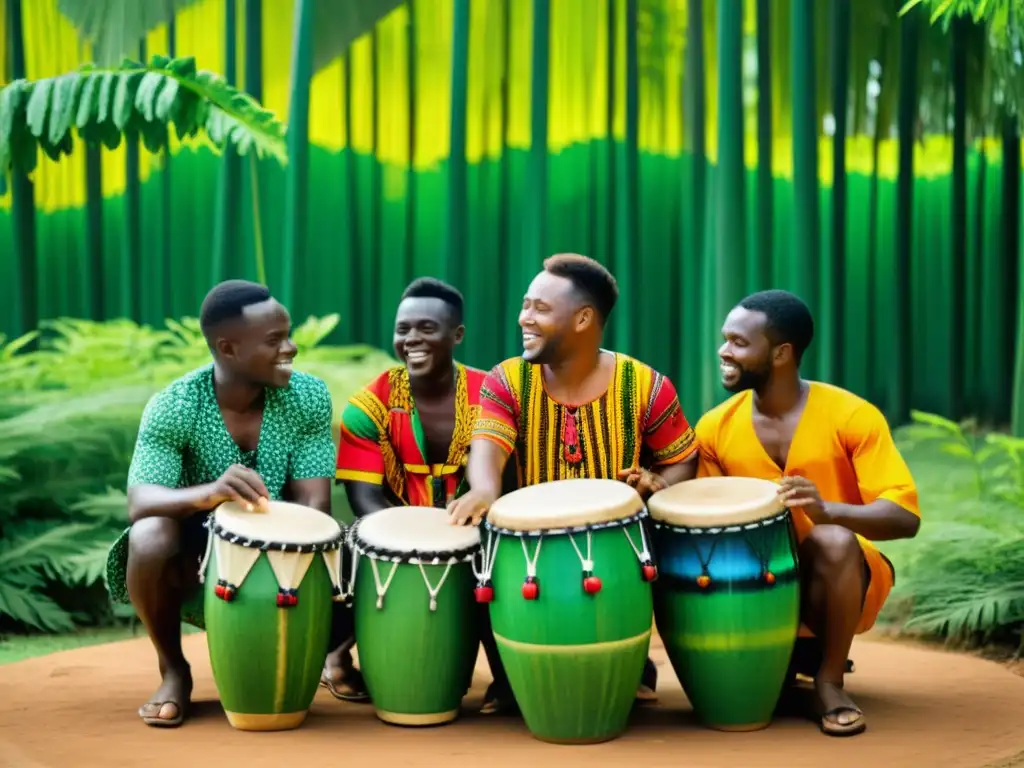 Grupo de músicos en Ghana tocando tambores tradicionales rodeados de árboles de moringa