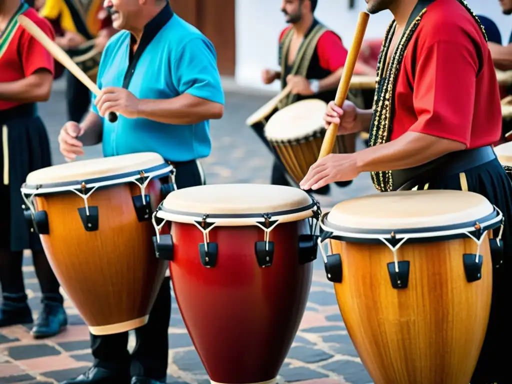 Grupo de músicos tocando tamboriletes en vibrante festival canario, mostrando la rica historia y construcción artesanal de los instrumentos