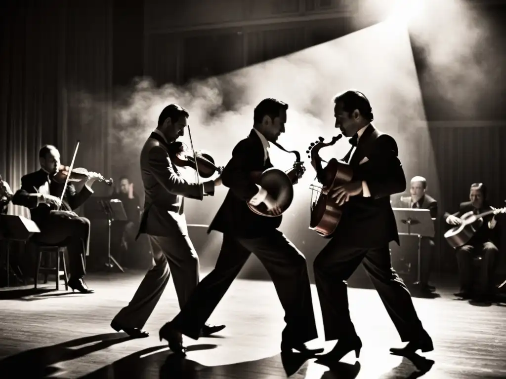 Grupo de músicos de tango tocando apasionadamente en una milonga