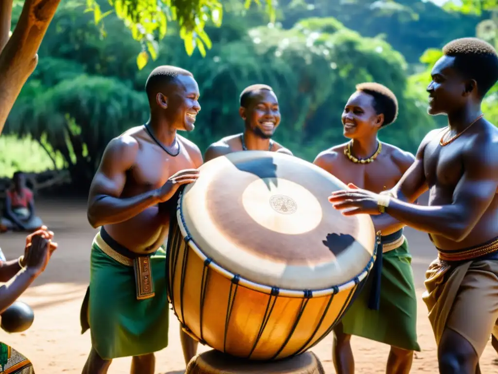 Un grupo de músicos tanzanos tocan un ngoma tambor tradicional bajo la luz del sol entre árboles