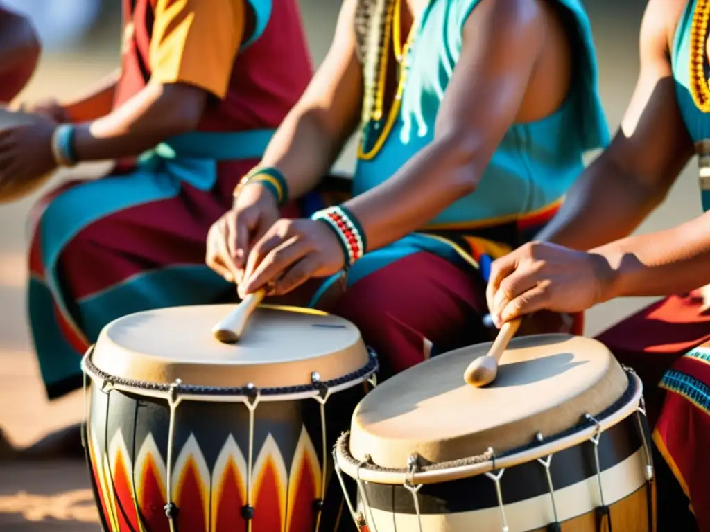 Musica indígena al atardecer: ritmo y tradición en Sudamérica Un grupo de músicos indígenas toca percusión tradicional al atardecer, mostrando el redescubrimiento de la percusión indígena en América del Sur