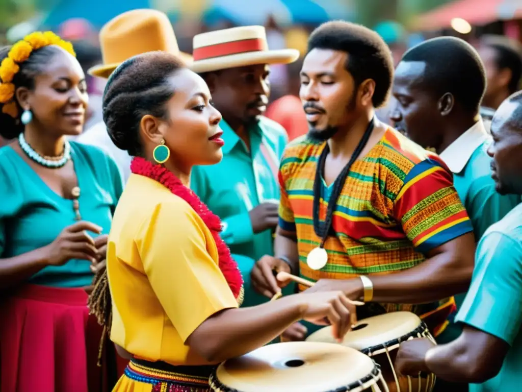 Un grupo de músicos afrocolombianos toca música tradicional en una vibrante tarima, rodeados de una multitud animada