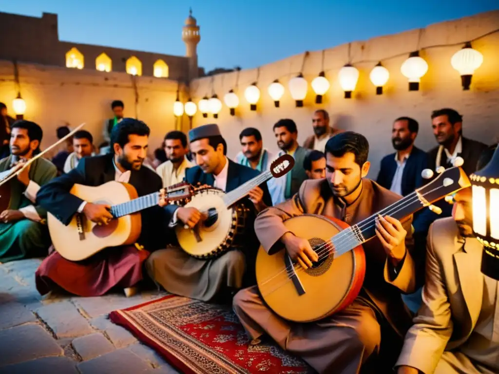 Grupo de músicos tradicionales afganos tocando el rebab en un animado festival de música tradicional en Kabul, entre luces y una multitud diversa