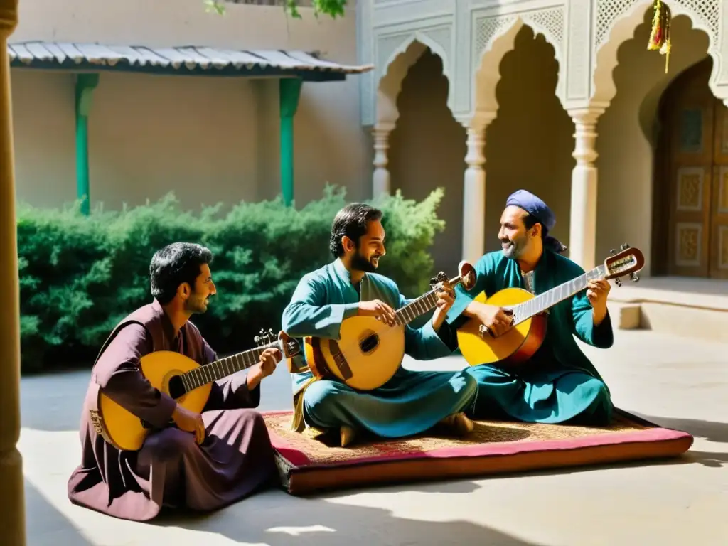 Un grupo de músicos tradicionales afganos tocan instrumentos en un patio en Kabul, creando una atmósfera cautivadora y llena de pasión