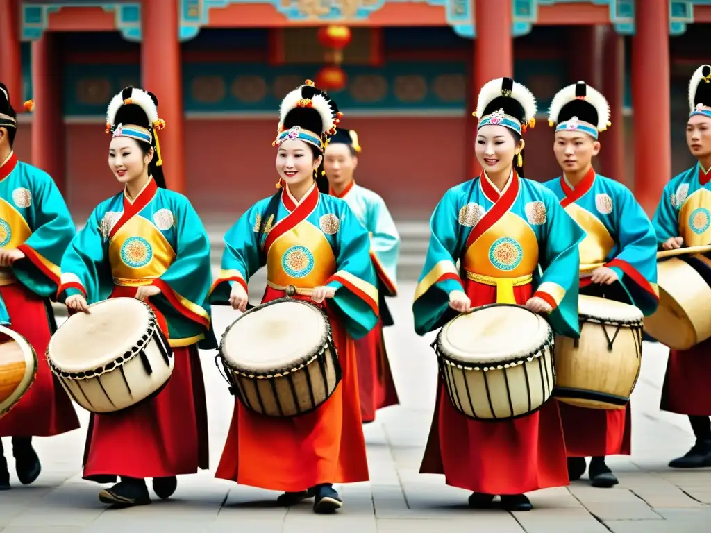 Un grupo de músicos tradicionales chinos realiza un ritual de tambores ceremoniales en la antigua ciudad de Tanggu