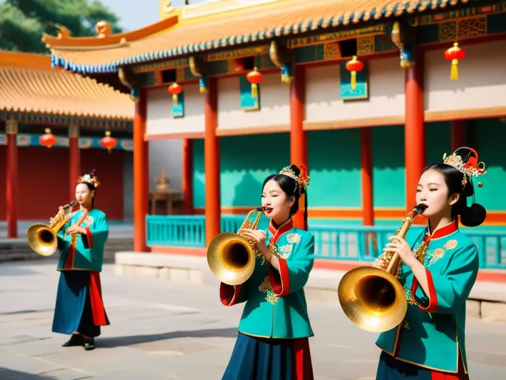 Un grupo de músicos tradicionales chinos toca instrumentos musicales tradicionales chinos en un vibrante patio decorado con dragones coloridos