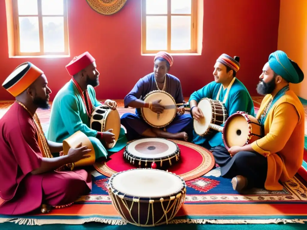 Un grupo de músicos tradicionales se reúnen en un círculo, tocando instrumentos y vistiendo trajes coloridos