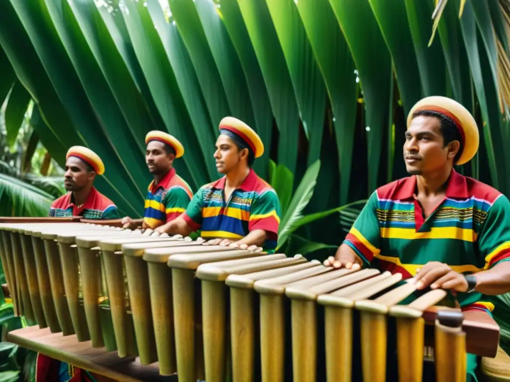 Grupo de músicos tradicionales colombianos tocando marimba y tambores en un festival de música del Pacífico en Colombia, bajo un dosel colorido de hojas de palma tejidas, rodeados de exuberante follaje selvático