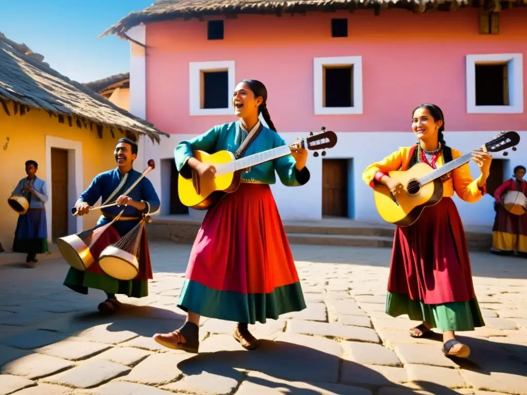 Músicos tradicionales llenos de pasión en plaza del atardecer Un grupo de músicos tradicionales tocando la dulzaina y otros instrumentos folclóricos en la plaza del pueblo, con el sol de la tarde creando largas sombras y iluminando sus expresivos rostros mientras interpretan con pasión