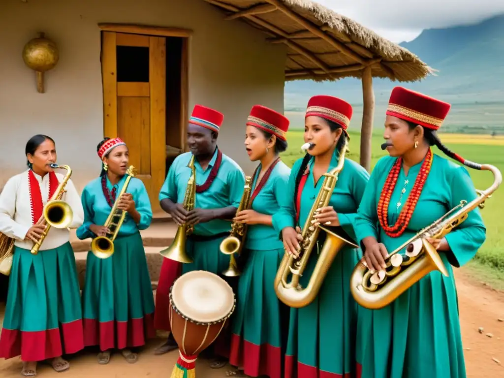 Grupo de músicos tradicionales interpretando con pasión y energía, destacando la influencia de la corneta en la música rural