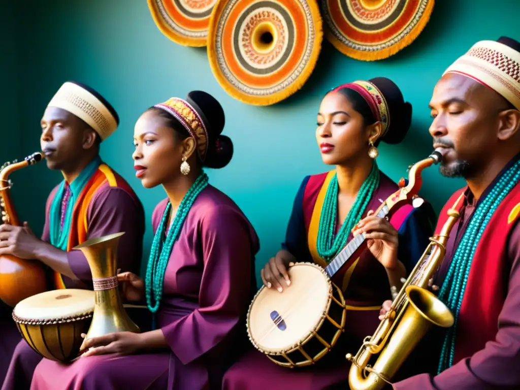 Un grupo de músicos tradicionales toca en un entorno cultural vibrante, destacando la importancia de los instrumentos musicales tradicionales